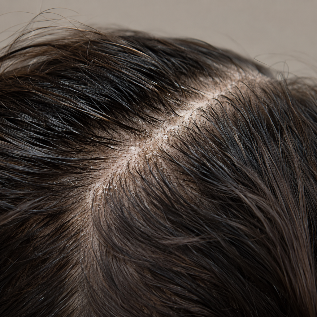 1254x1254 ultra-realistic clinical close-up, side profile scalp exposure focusing on oily scalp clogged follicles, using a different hairstyle and parting pattern from previous images, avoid slick wet center-part repetition, soft side-parted root separation with lightly lifted natural strands, visible sebum buildup around follicles with congested oily roots and mild residue near the scalp surface, clean non-graphic clinical appearance, no face visible, neutral beige/grey background, soft natural lighting, realistic scalp detail suitable for blog featured image